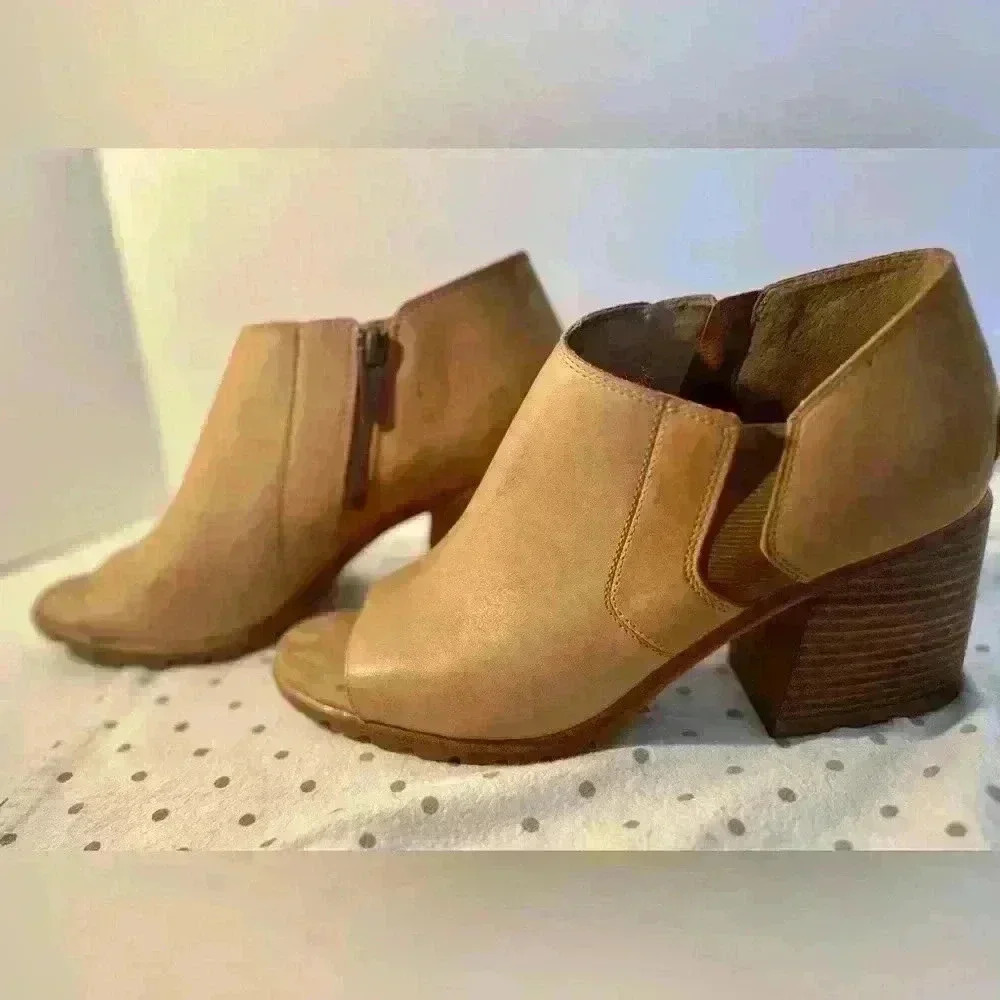 Sorel Tan Suede Open-Toe Ankle Booties